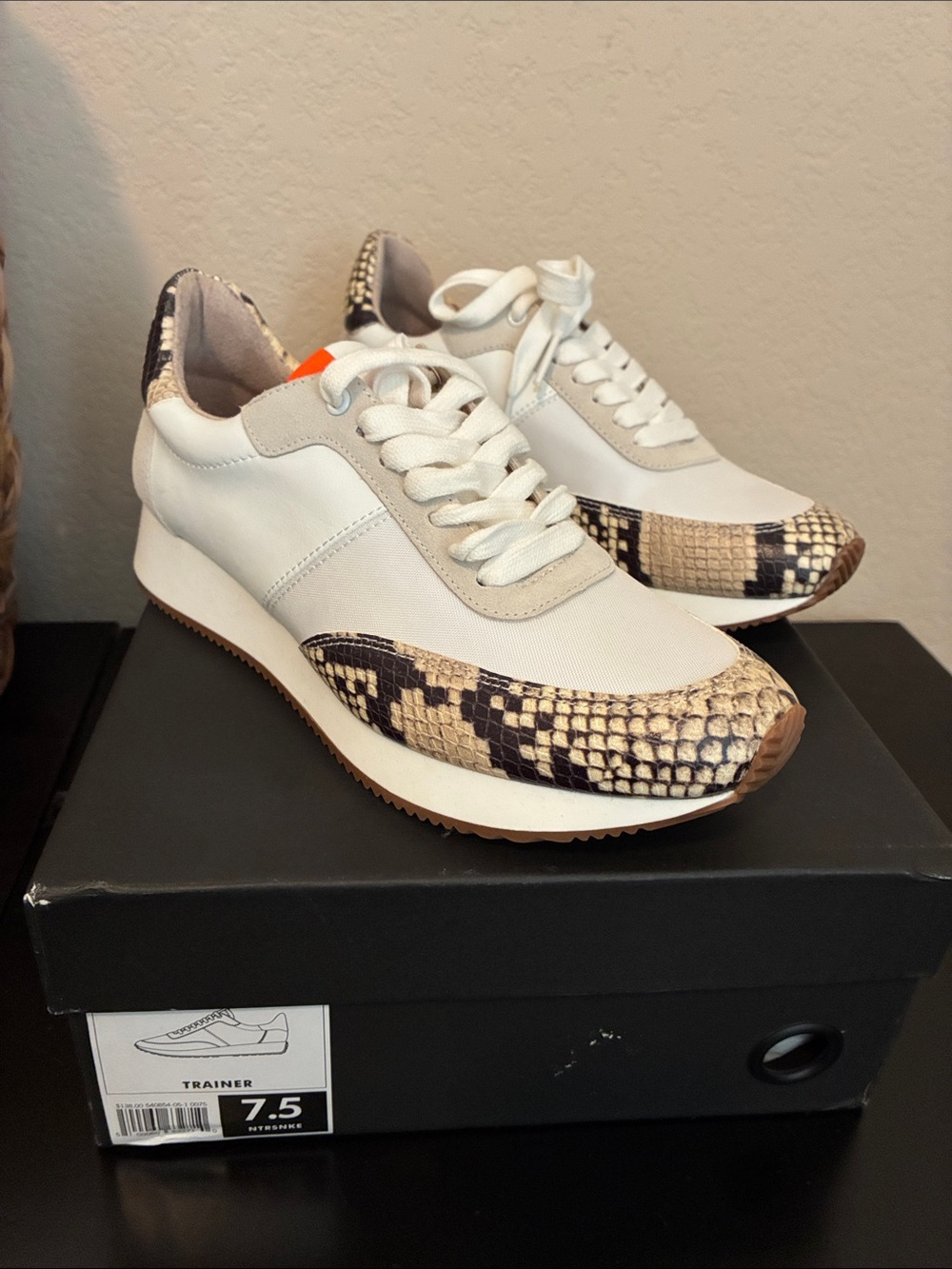Banana Republic White Sneakers with Beige and Black Snake-Print